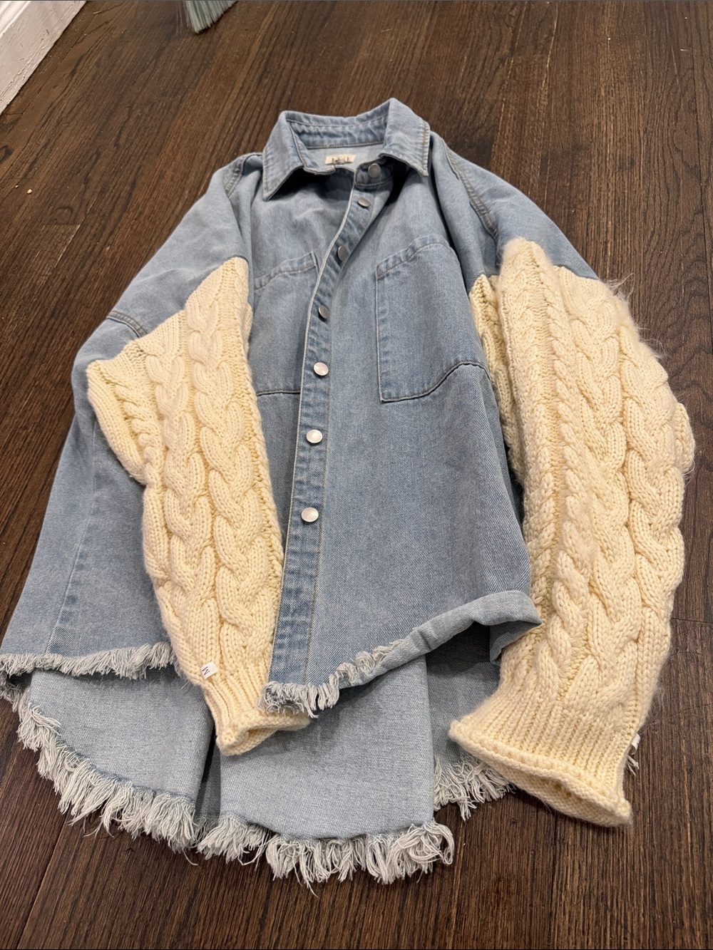 POL Denim Shirt Jacket with Cream Cable-Knit Sleeves
